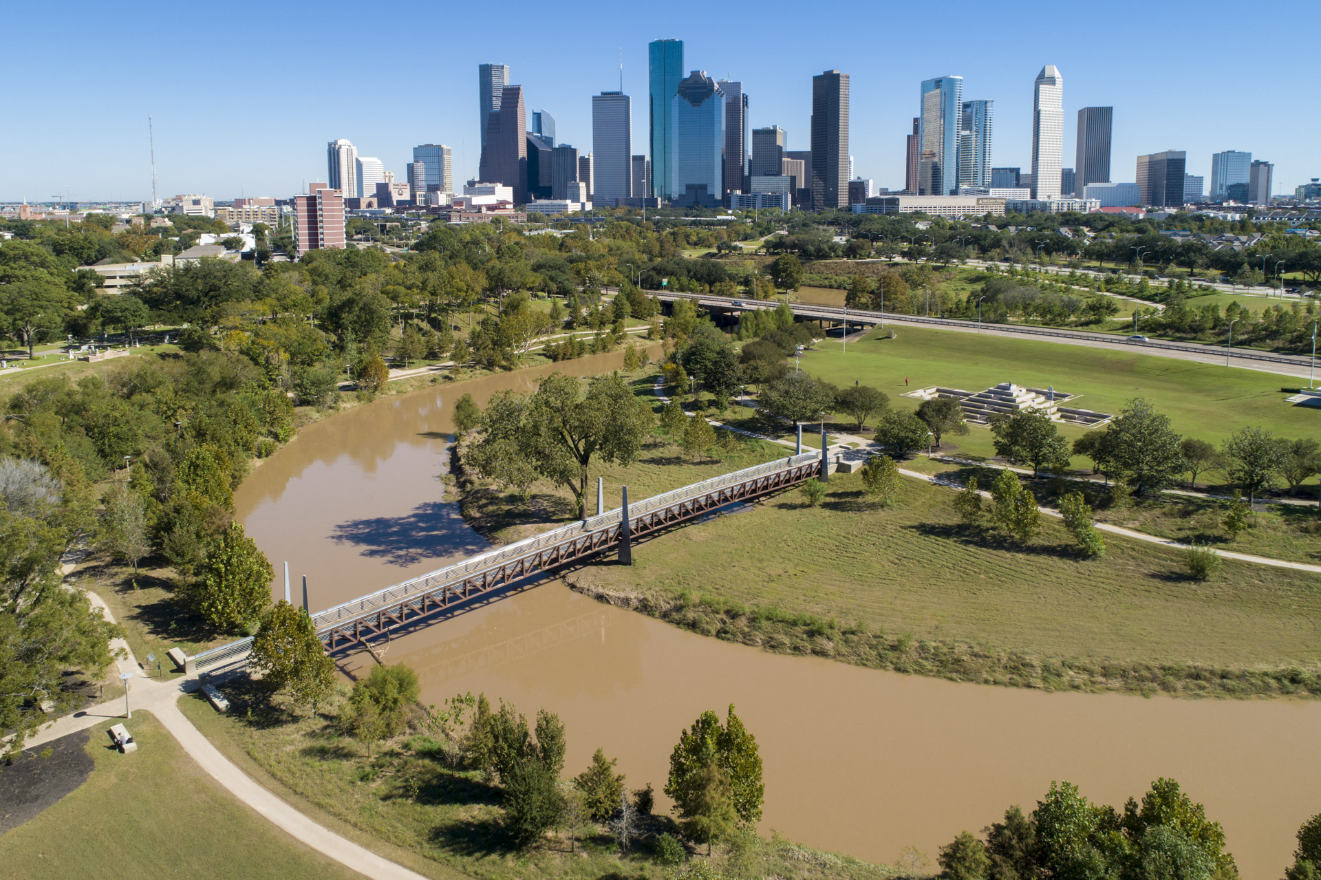 Buffalo Bayou Park with downtown Houston